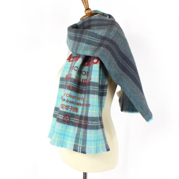 Acne Studios Wool Plaid Scarf Wrap Grey Light Blue Red Raised Logo Instructions - Picture 2 of 7